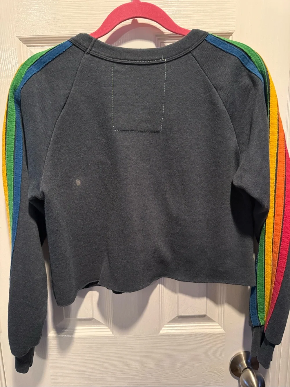 Aviator Nation Rainbow Stripe Cropped Crewneck Sweatshirt Lightning Bolt Made US